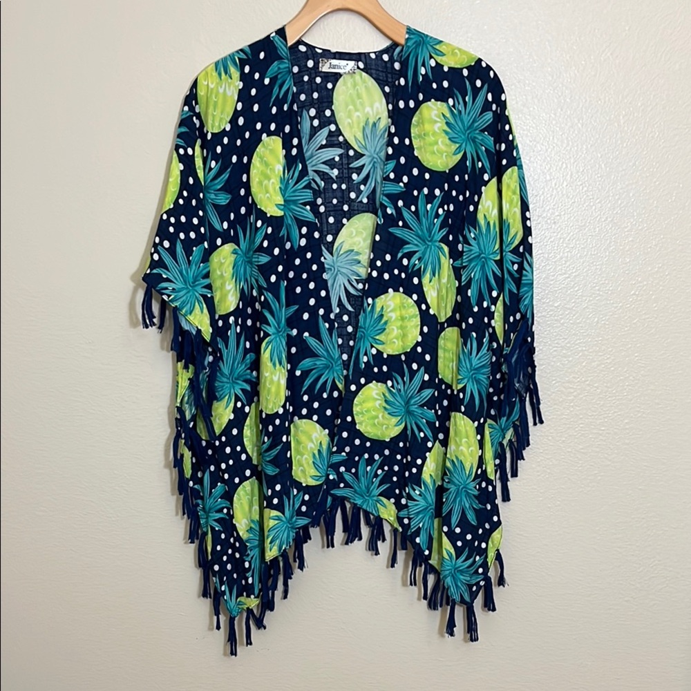 Janine Tropical Fringe Pineapple Print Beach Summer Kimono